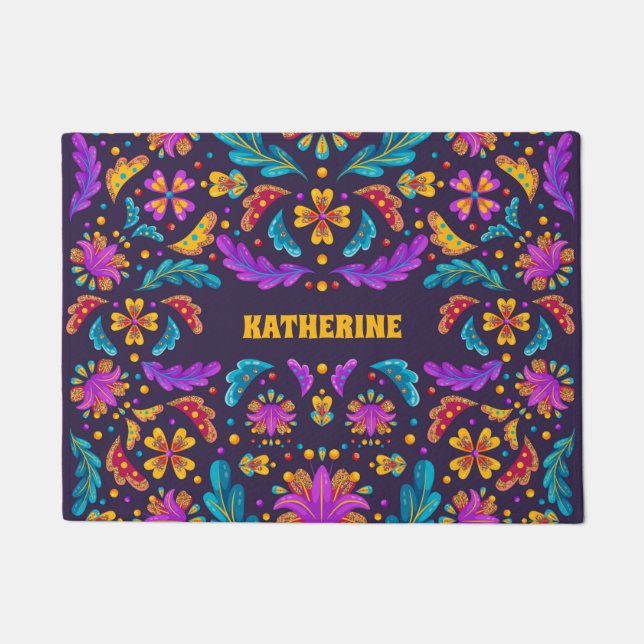 Trendy Colourful Fiesta Mexican Flower Quinceanera Doormat (Front)