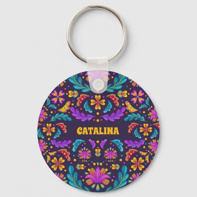 Trendy Colourful Fiesta Mexican Flower Quinceanera Key Ring (Front)