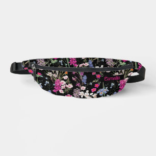 Trendy Colourful Floral Pattern Black Custom Name Bum Bags