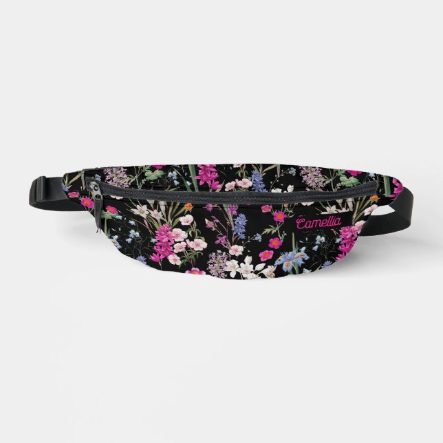 Trendy Colourful Floral Pattern Black Custom Name Bum Bags (Front)
