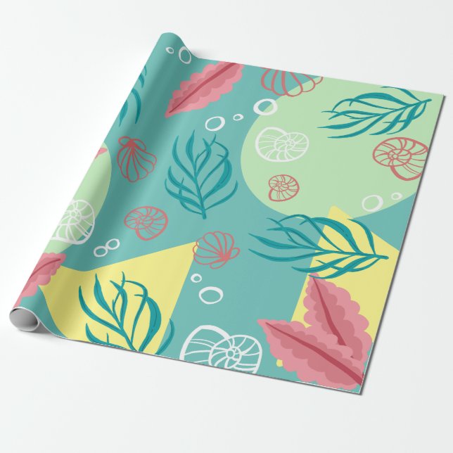 Trendy Colourful Geo Nautical Seashells Seaweed Wrapping Paper (Unrolled)