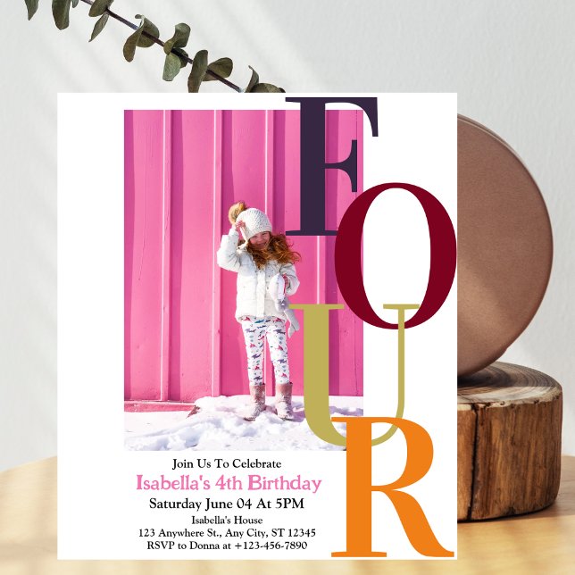 Trendy Colourful Girl Four Birthday  Photo  Invitation (Creator Uploaded)