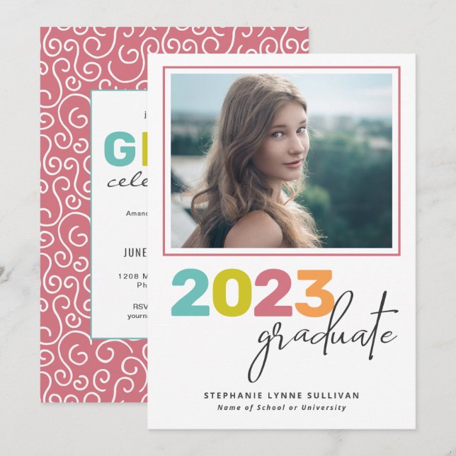 Trendy Colourful Lettering Modern Grad Party Invitation (Front/Back)