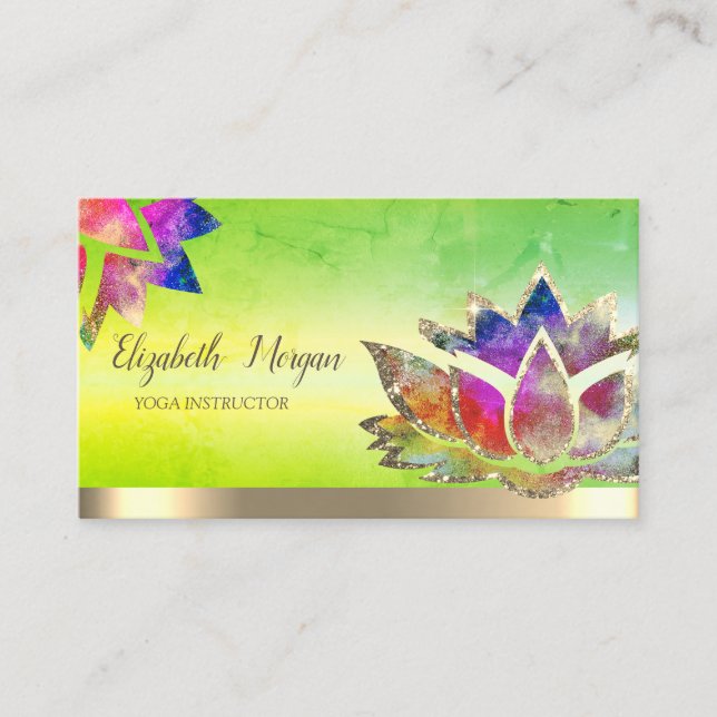 Trendy Colourful Lotus Flower Yoga Instructor Gree Business Card (Front)