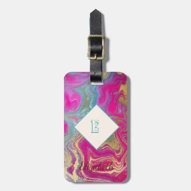 Trendy Colourful Marble, Monogram Luggage Tag (Front Vertical)