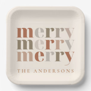 Trendy Colourful Merry  Custom Name Christmas Part Paper Plate