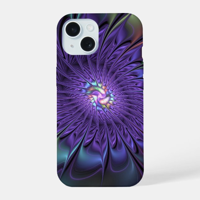 Trendy Colourful Modern Abstract Fractal Flower iPhone 15 Case (Back)