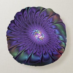 Trendy Colourful Modern Abstract Fractal Flower Round Cushion