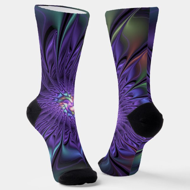 Trendy Colourful Modern Abstract Fractal Flower Socks (Angled)