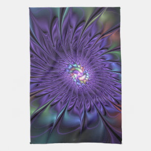 Trendy Colourful Modern Abstract Fractal Flower Tea Towel