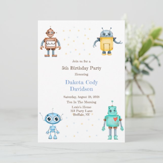 Trendy Colourful Robots Boy Birthday Party Invitation (Standing Front)