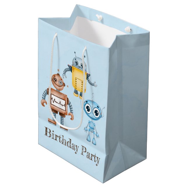 Trendy Colourful Robots Boy Birthday Party Medium Gift Bag (Front Angled)