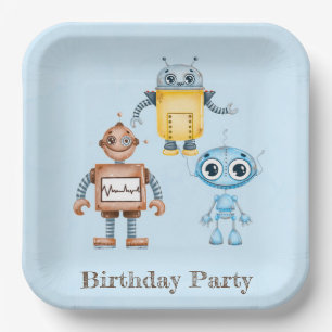 Trendy Colourful Robots Boy Birthday Party Paper Plate
