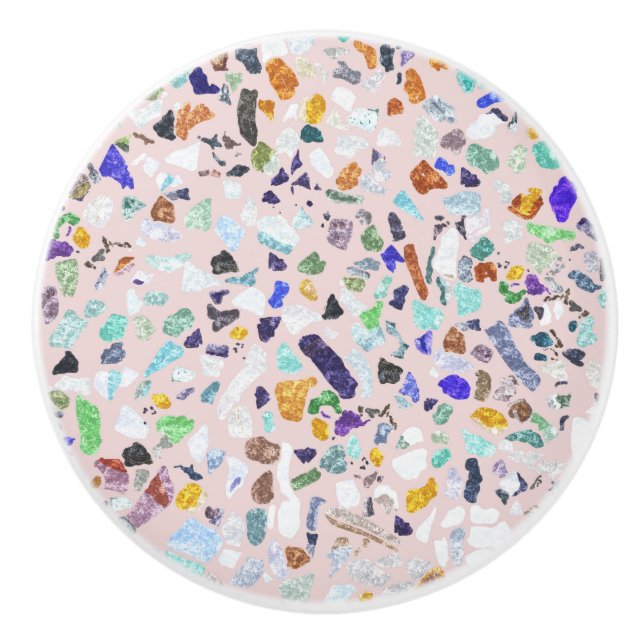Trendy Colourful Shiny Stones Terrazzo Pink Design Ceramic Knob (Front)
