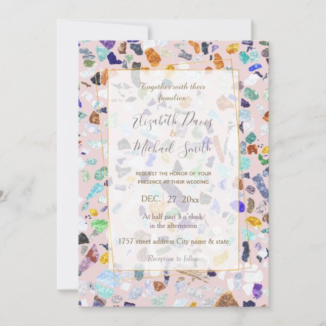 Trendy Colourful Shiny Stones Terrazzo Pink Design Invitation (Front)