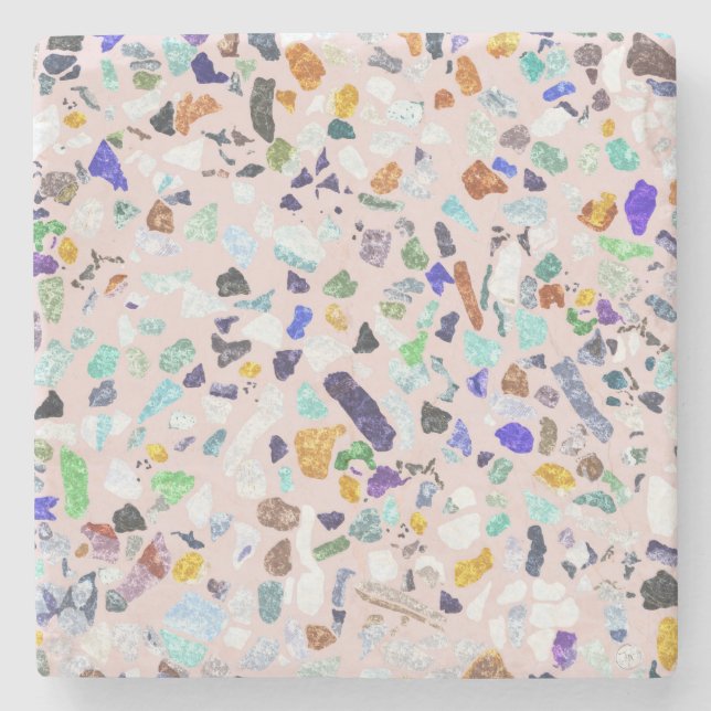Trendy Colourful Shiny Stones Terrazzo Pink Design Stone Coaster (Front)