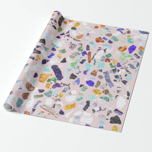 Trendy Colourful Shiny Stones Terrazzo Pink Design Wrapping Paper (Unrolled)
