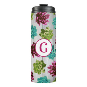 Trendy Colourful Succulents & Rustic Wood Planks Thermal Tumbler