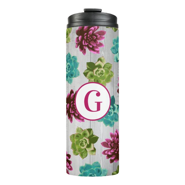 Trendy Colourful Succulents & Rustic Wood Planks Thermal Tumbler (Front)