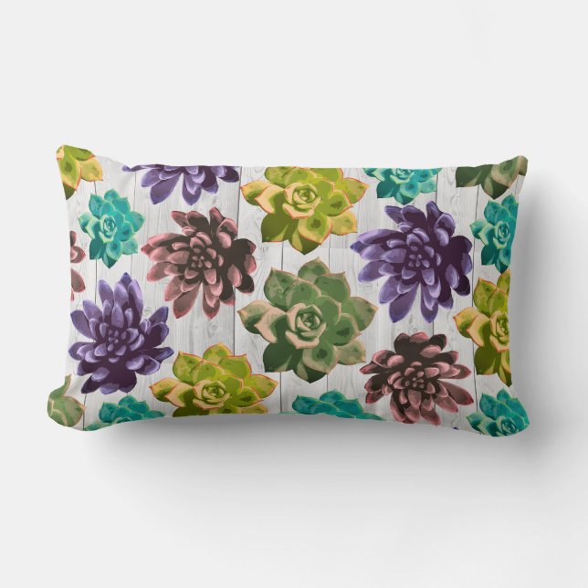 Trendy Colourful Succulents & White Wood Planks Lumbar Cushion (Front)