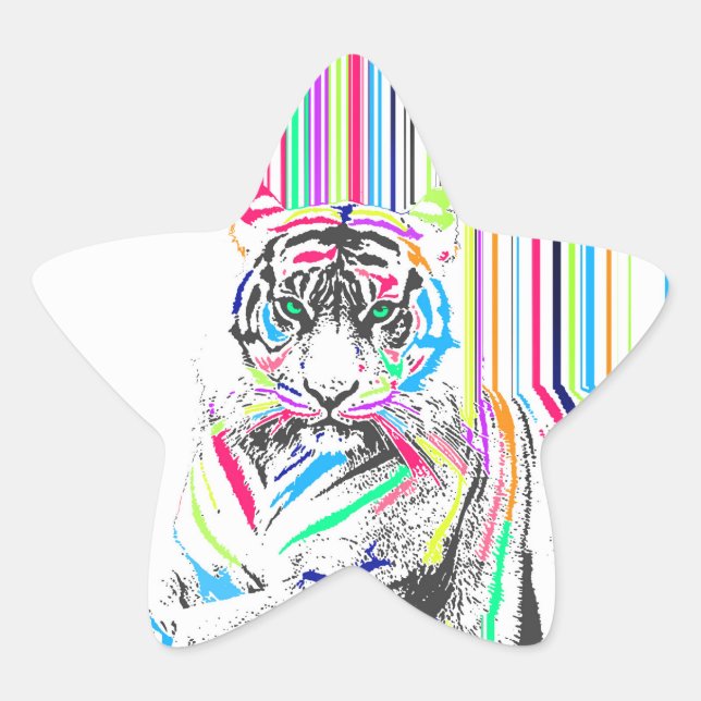trendy colourful vibrant neon stripes tiger paint star sticker (Front)
