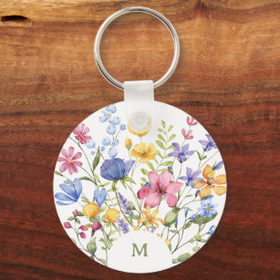 Trendy Colourful Wildflowers with Monogram Key Ring