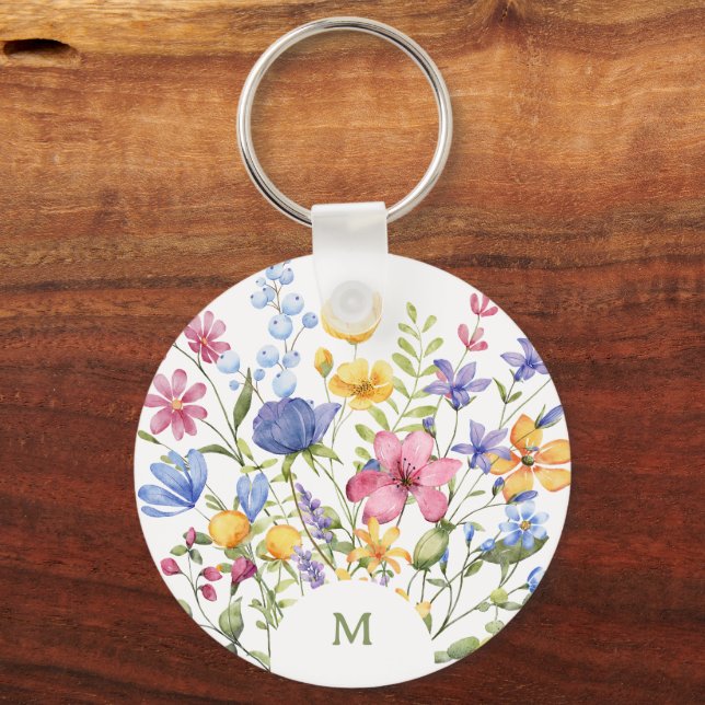 Trendy Colourful Wildflowers with Monogram Key Ring (Front)