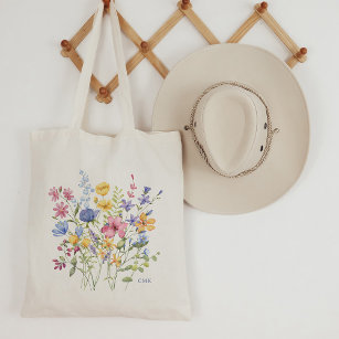 Trendy Colourful Wildflowers with Monogram Tote Bag