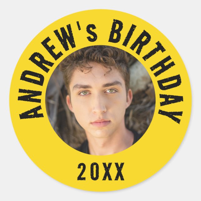 Trendy Colourful Yellow Photo Birthday Party Classic Round Sticker (Front)