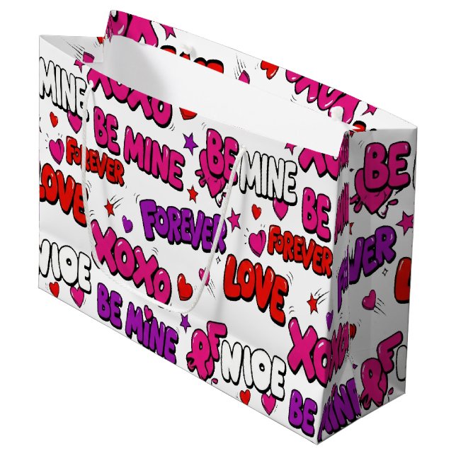 Trendy Comic Book Graffiti "Be Mine" Typography Large Gift Bag (Front Angled)