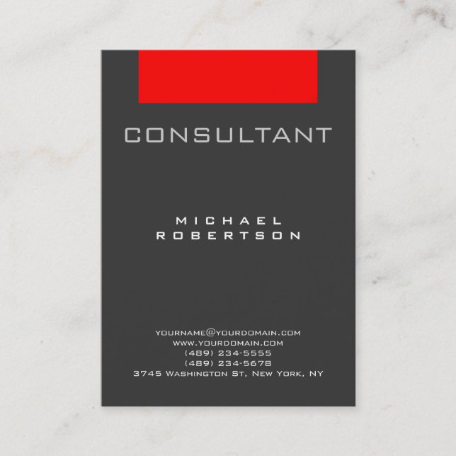 Trendy Consultant Red Grey Chubby Business Card (Front)