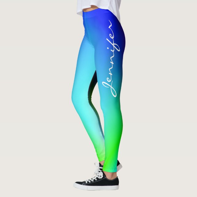 Trendy Cool Blue Green Ombre Gradient Name Typo Leggings (Left)