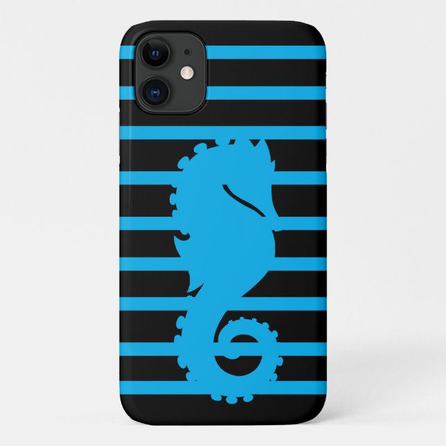 Trendy Cool Blue Seahorse Blue Stripe Black Unique Case-Mate iPhone Case (Back)
