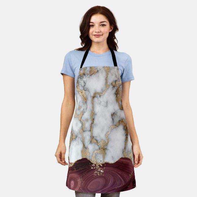 Trendy Cool Burgundy Gold Marble Stone Texture   Apron (Worn)