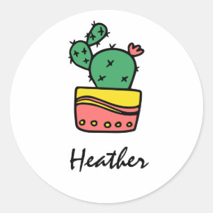 Trendy cool cactus personalised name template classic round sticker