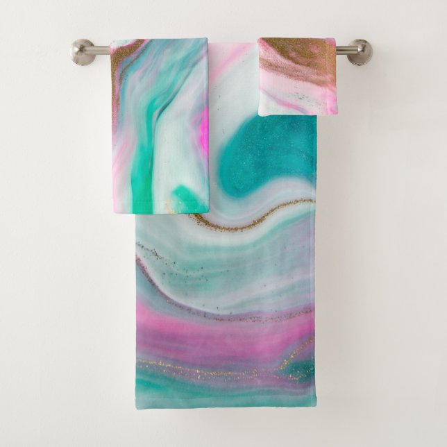 Trendy Cool Colourful Marble Pattern Gold Touch Bath Towel Set (Insitu)