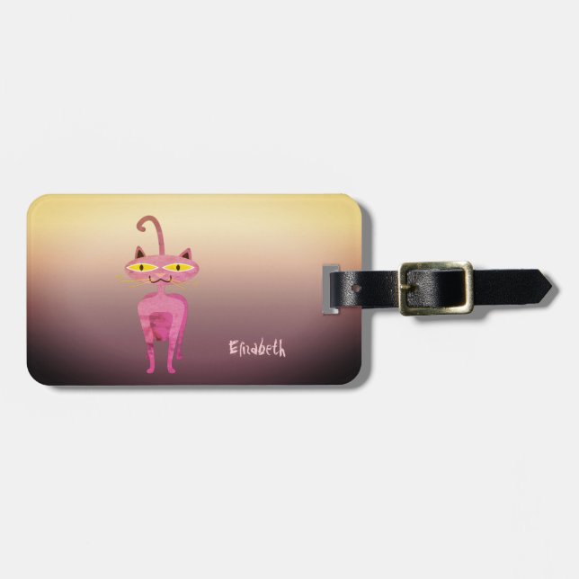 Trendy Cool Girly Whimsical Cat  - Personalised Luggage Tag (Front Horizontal)