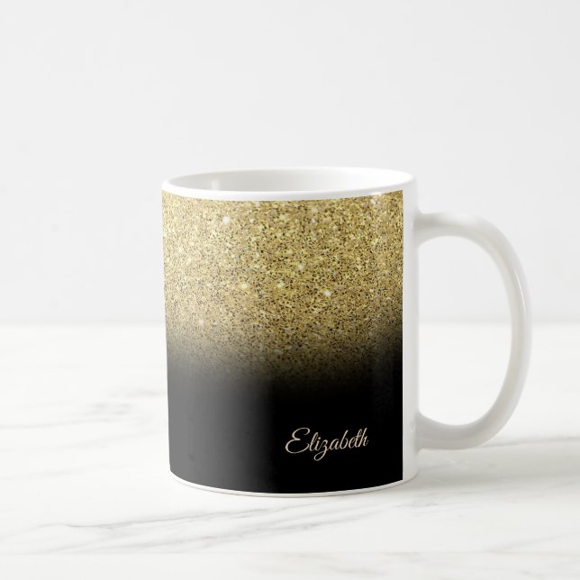 Trendy Cool Gold  Glitter, Black - Personalised Coffee Mug (Right)