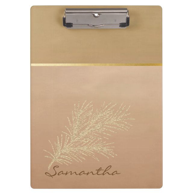 Trendy Cool Gold Glitter Feather -Personalised Clipboard (Front)