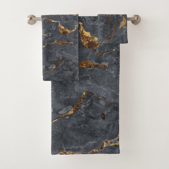 Trendy Cool Grey Gold Marble Pattern  Bath Towel Set (Insitu)