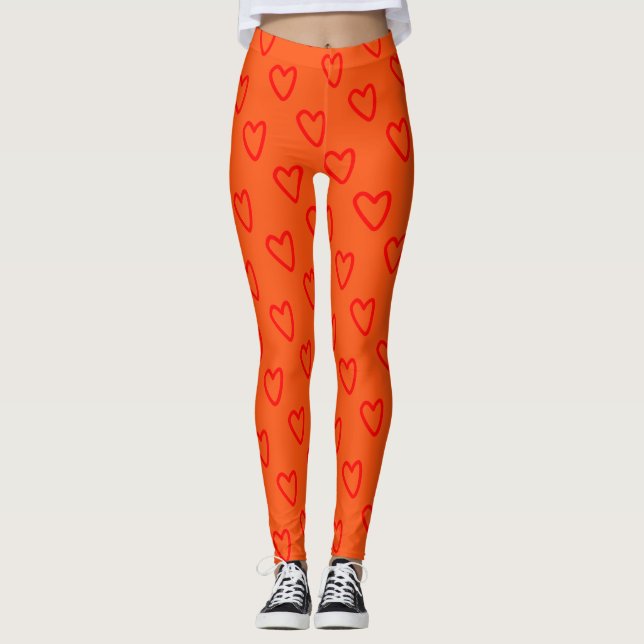 Trendy Cool Orange Red Hearts Love Simple Pattern Leggings (Front)