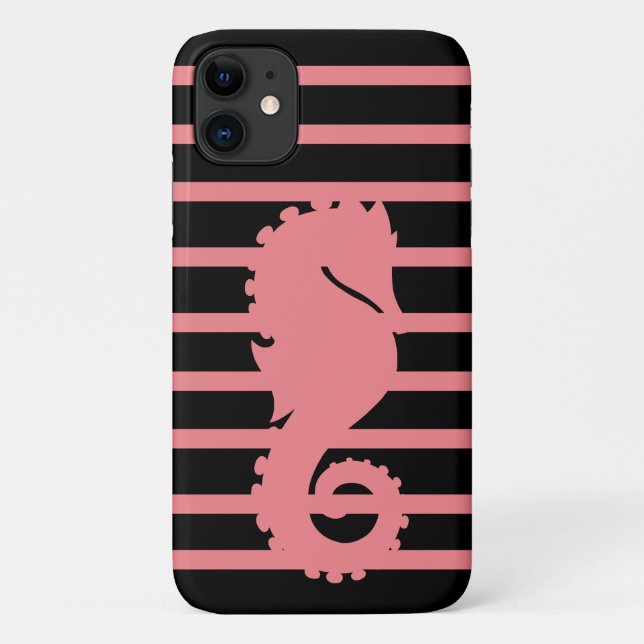 Trendy Cool Pink Seahorse Pink Stripe Black Unique Case-Mate iPhone Case (Back)
