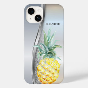 Trendy Cool Silver Glitter Watercolor Pineapple Case-Mate iPhone 14 Case