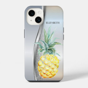 Trendy Cool Silver Glitter Watercolor Pineapple iPhone 14 Case