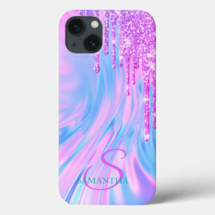 Trendy Cool Violet Glitter Drips Holographic  iPhone 13 Case