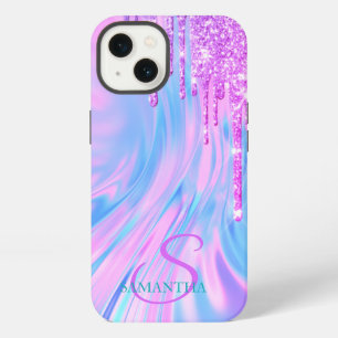 Trendy Cool Violet Glitter Drips Holographic iPhone 13 Case