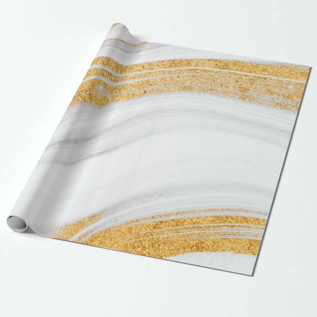 Trendy Cool White  Marble Texture Gold Glitter Wrapping Paper (Unrolled)