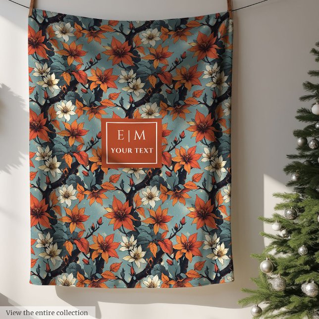 Trendy copper and moss green botanical throw fleece blanket (Trendy copper and moss green botanical throw)
