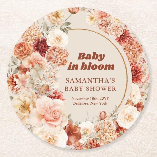 Trendy copper blush and burgundy flowers sage Baby Round Paper Coaster (Front)