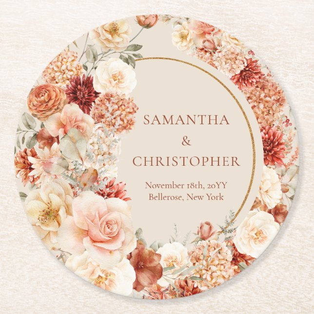 Trendy copper blush and burgundy flowers sage round paper coaster (Front)